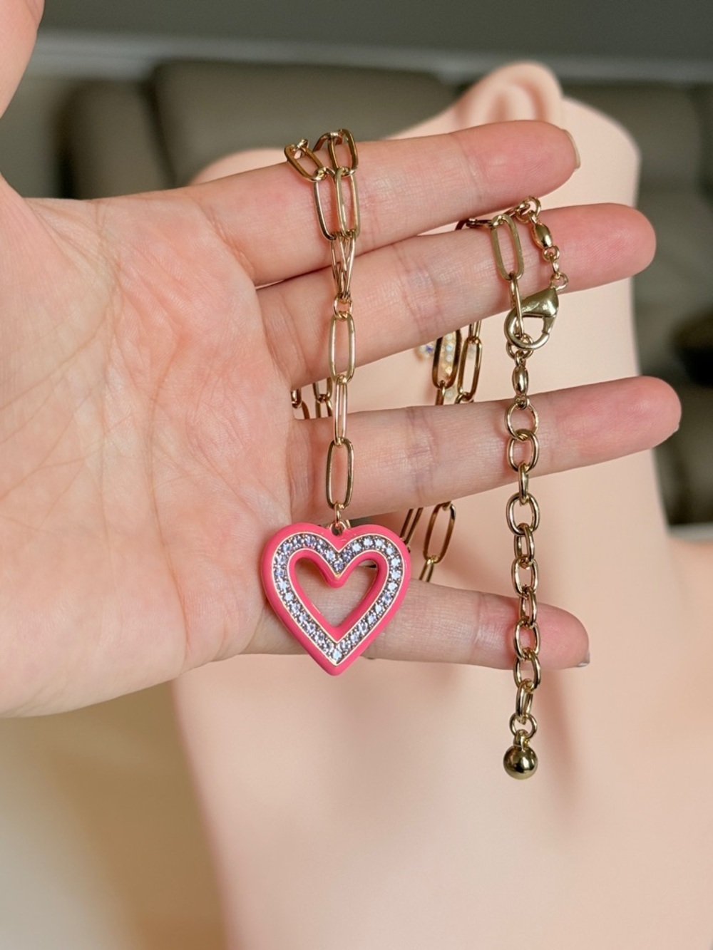 Gold Chain Necklace with Pink Heart Pendant - Picture 9 of 9